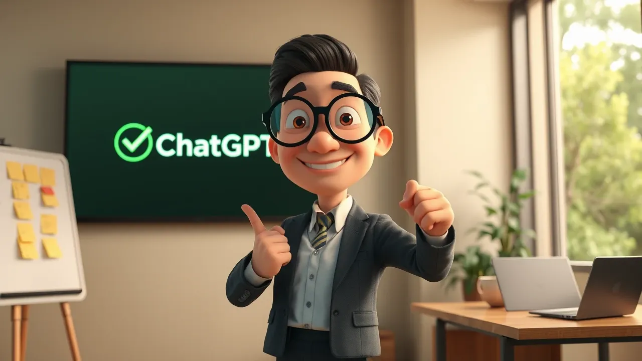 Ilustração de profissional apontando para tela com ChatGPT e checkmark verde, representando a escolha certa para integração Microsoft