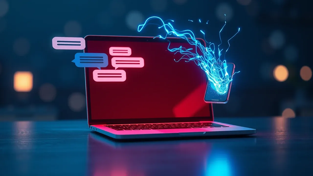 Uma tela de computador Pixar com interface de chat e código gerado aparecendo magicamente com efeitos de luz azul elétrica