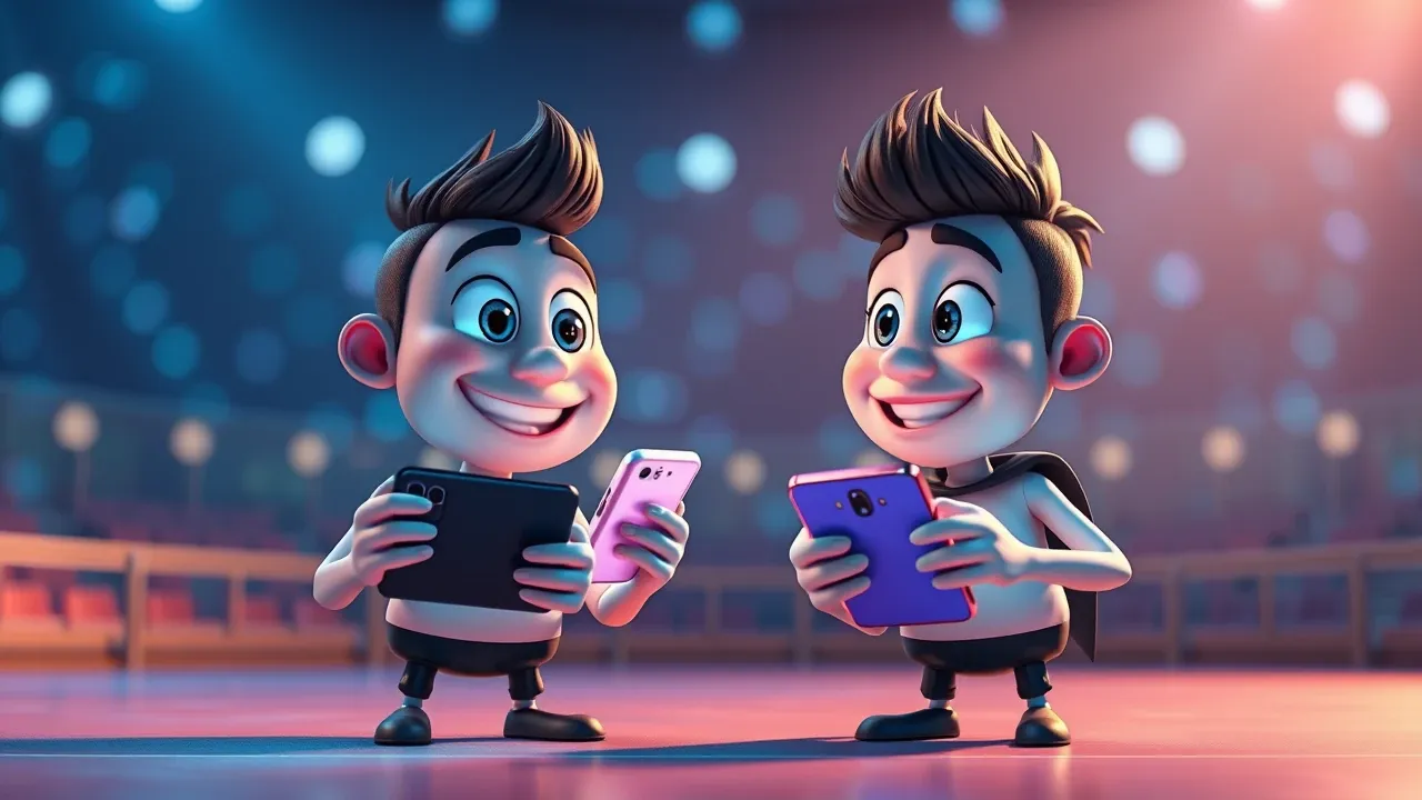 Dois personagens Pixar numa arena amigável representando duas ferramentas diferentes em tons azul elétrico