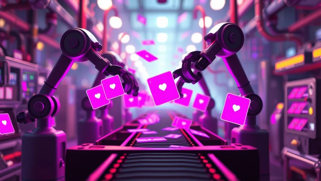 Uma fábrica criativa Pixar produzindo conteúdo digital com braços mecânicos e telas em tons roxo e violeta