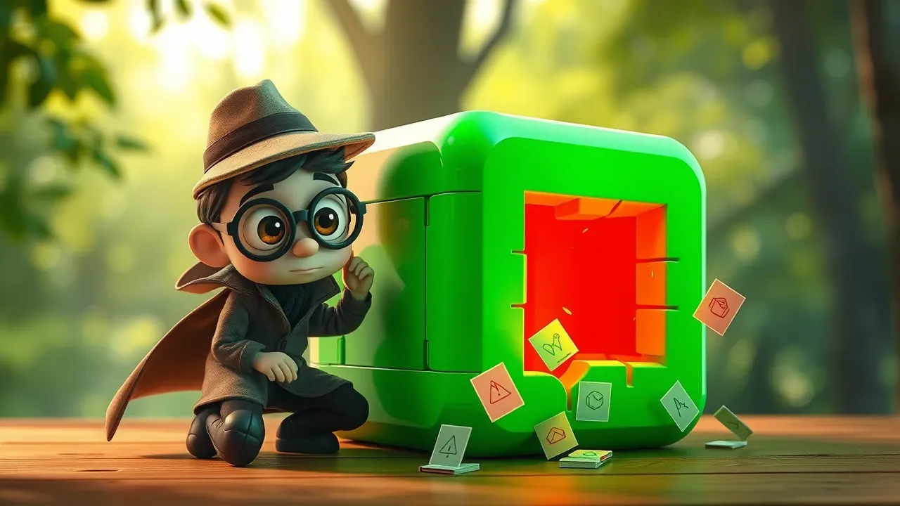 Personagem Pixar 3D debugando código com lupa gigante em banco de dados, paleta sage emerald dramatizada, cena de investigação