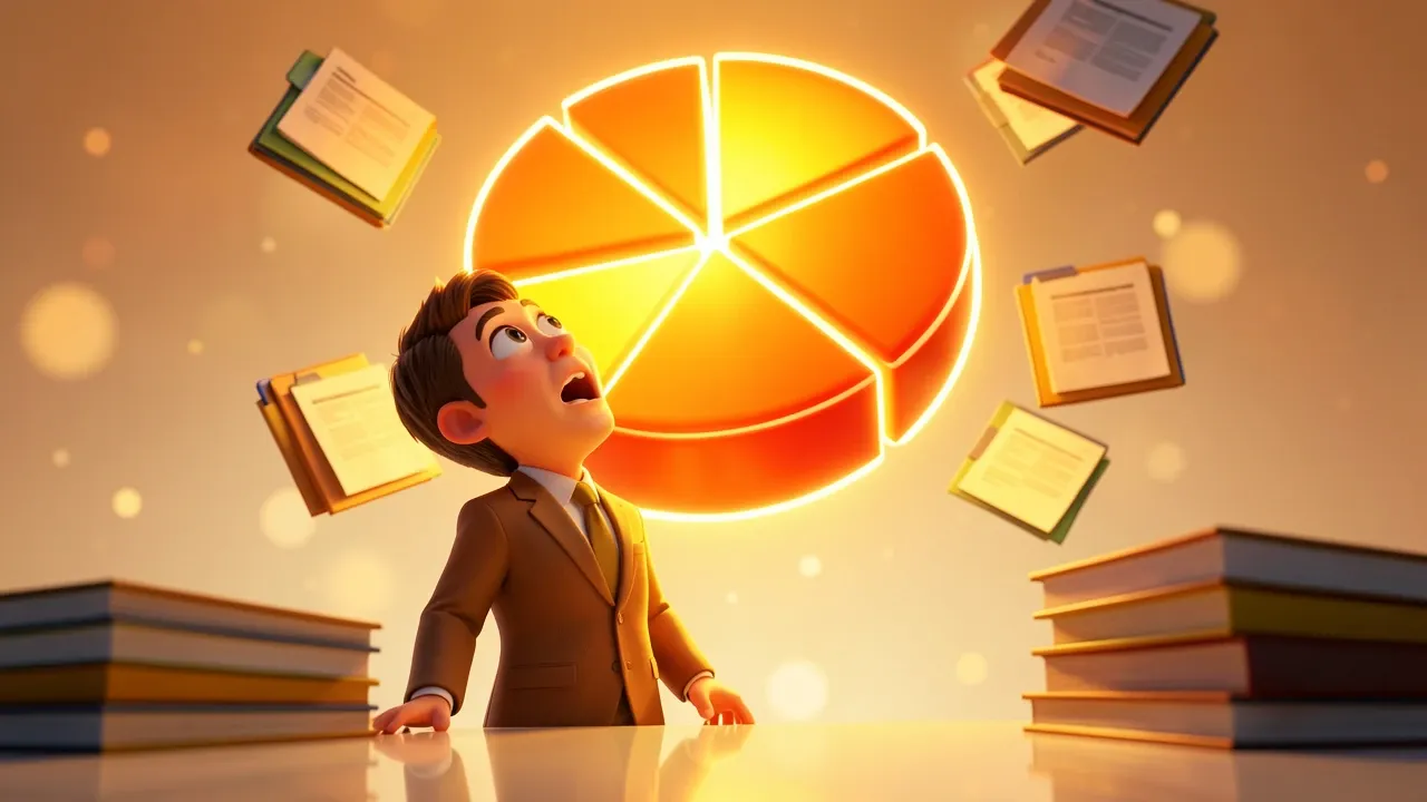 Gráfico Pixar dramático mostrando executivo diante de um painel de dados com categorias de uso de IA no trabalho