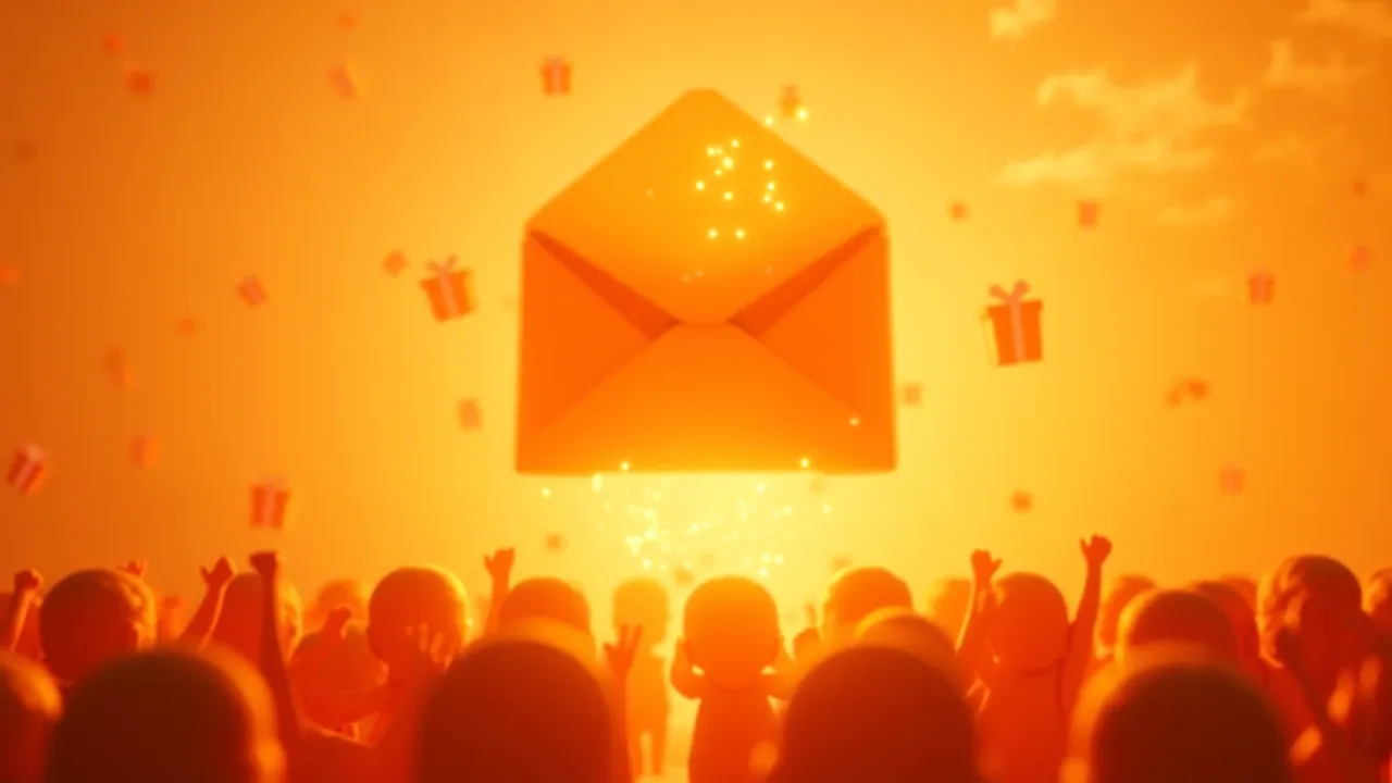 Personagem Pixar 3D abrindo caixa de email com produtos voando para fora em espiral dourada, cenário quente e vibrante com luz laranja