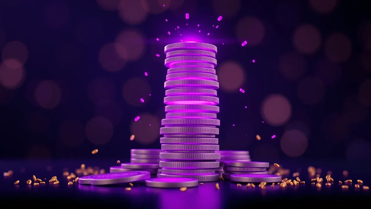 Um gráfico de crescimento 3D Pixar com moedas em tons violeta subindo como blocos de torre num escritório futurista