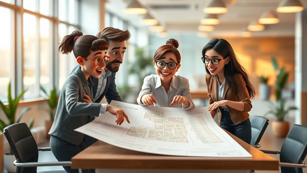 Uma equipe reunida ao redor de um quadro branco mapeando processos com post-its coloridos em tons quentes