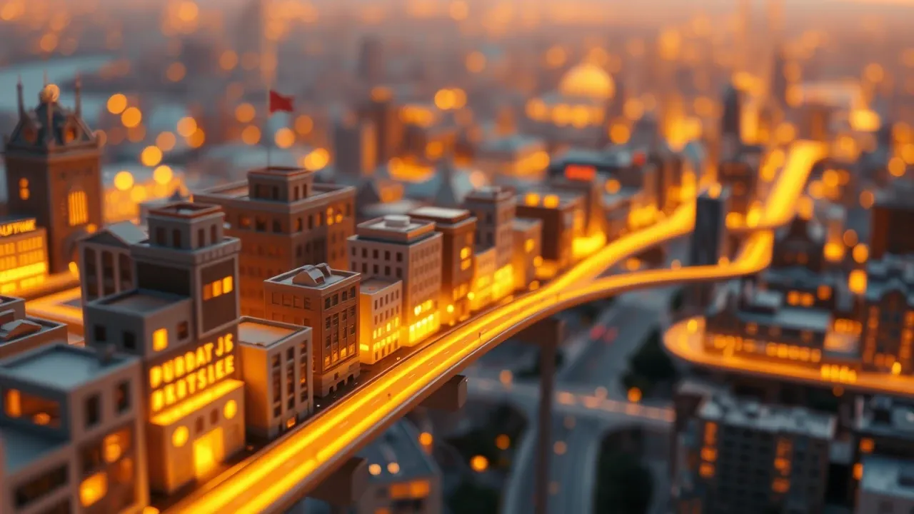 Uma cidade em miniatura Pixar com cada prédio representando um departamento empresarial diferente conectados por pontes de luz dourada