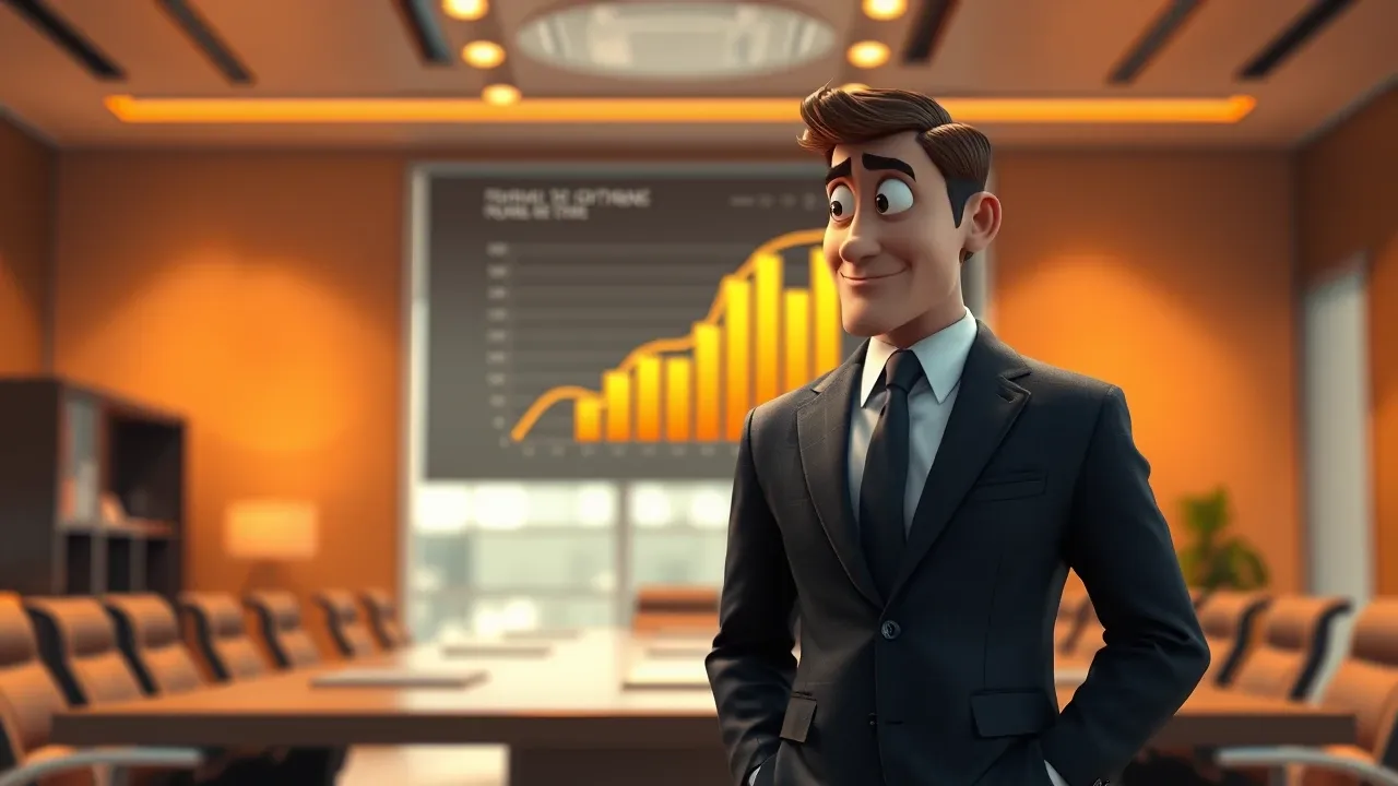 Dois profissionais olhando para dashboards digitais com gráficos de crescimento em tons âmbar e laranja num ambiente corporativo