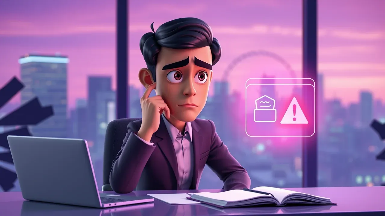 Personagem empresário cartoon olhando confuso para uma recomendação de produto surgindo de um robô de IA, enquanto um símbolo de alerta pulsa ao fundo