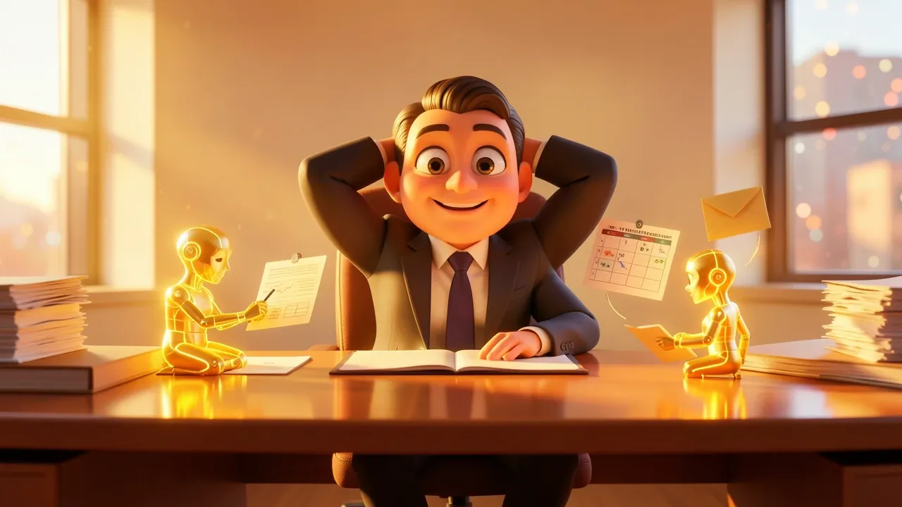 Dono de empresa relaxado enquanto três assistentes IA orbitam sua mesa fazendo tarefas ao mesmo tempo, luz dourada dramática