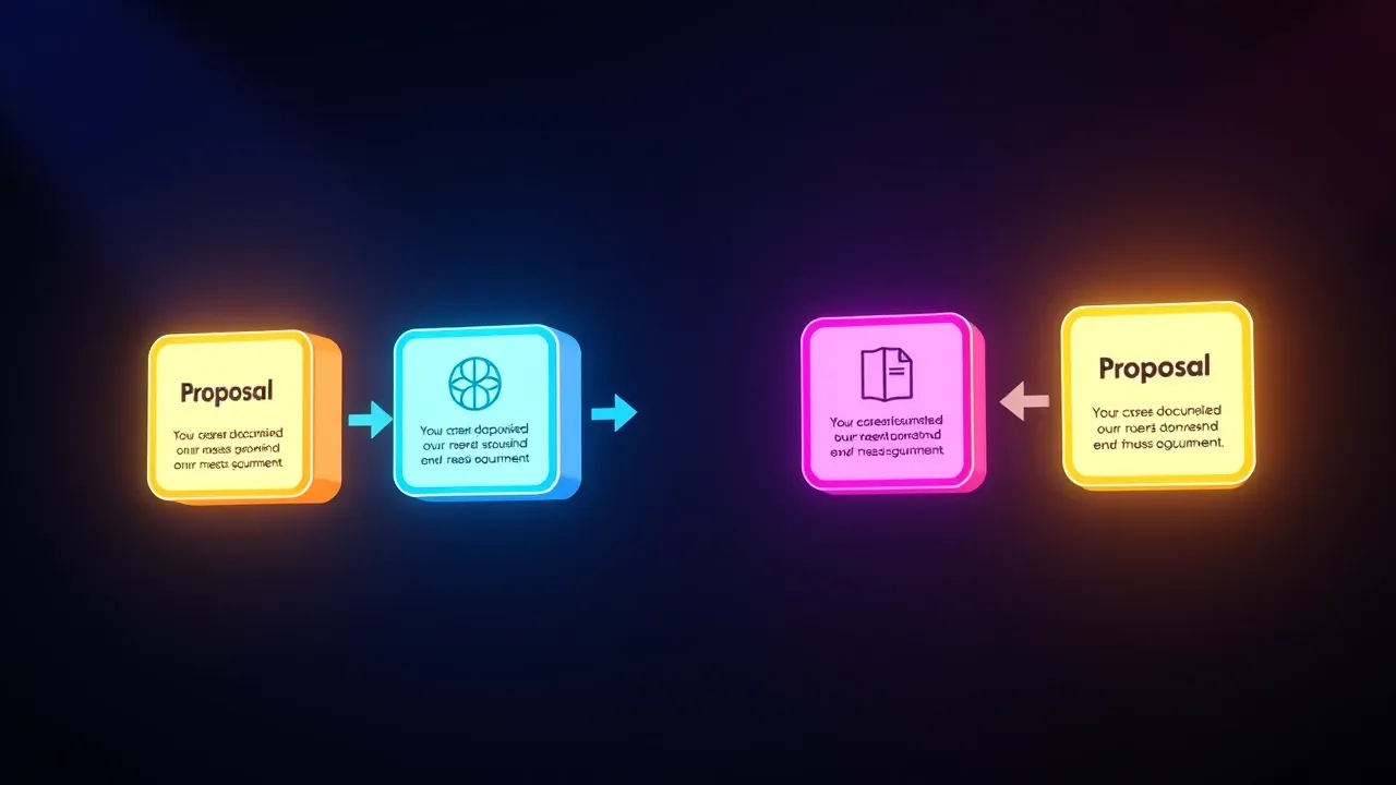 Diagrama em estilo Pixar 3D mostrando quatro blocos de input sendo transformados em documento de proposta, fundo azul escuro com elementos flutuantes