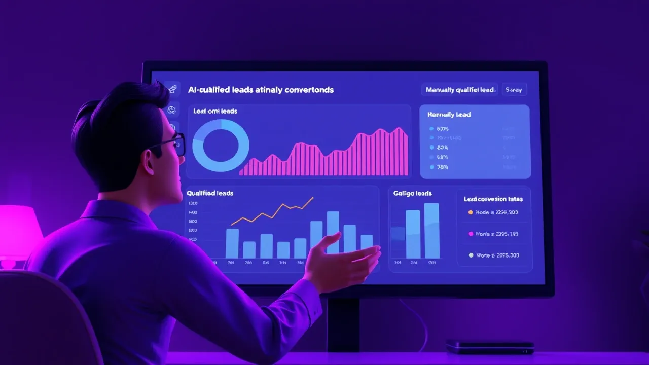 Dashboard de métricas de vendas mostrando taxa de conversão de leads qualificados por inteligência artificial versus qualificação manual
