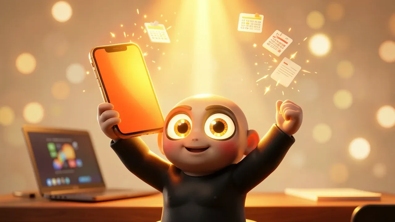 Agente IA mobilizando tarefa em smartphone enquanto o escritório fica ao fundo iluminado por luz dourada