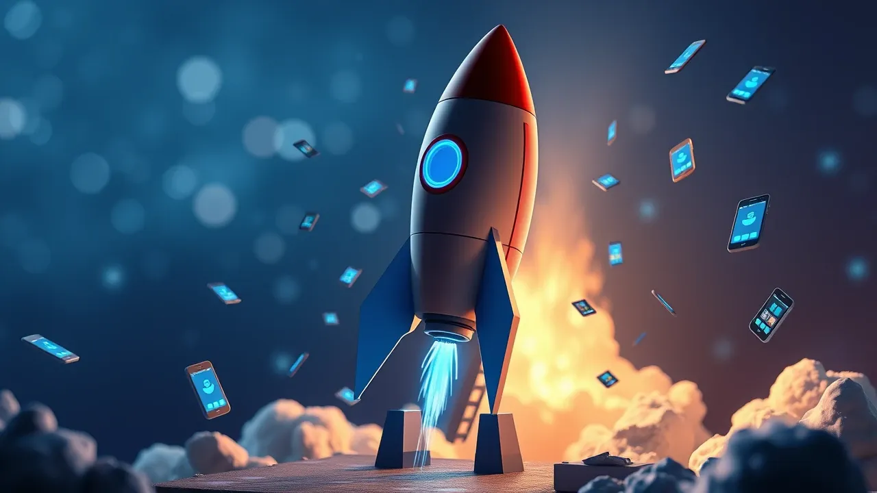 Um foguete Pixar em azul elétrico decolando de uma plataforma de lançamento com ícones de app mobile ao redor numa cena espacial