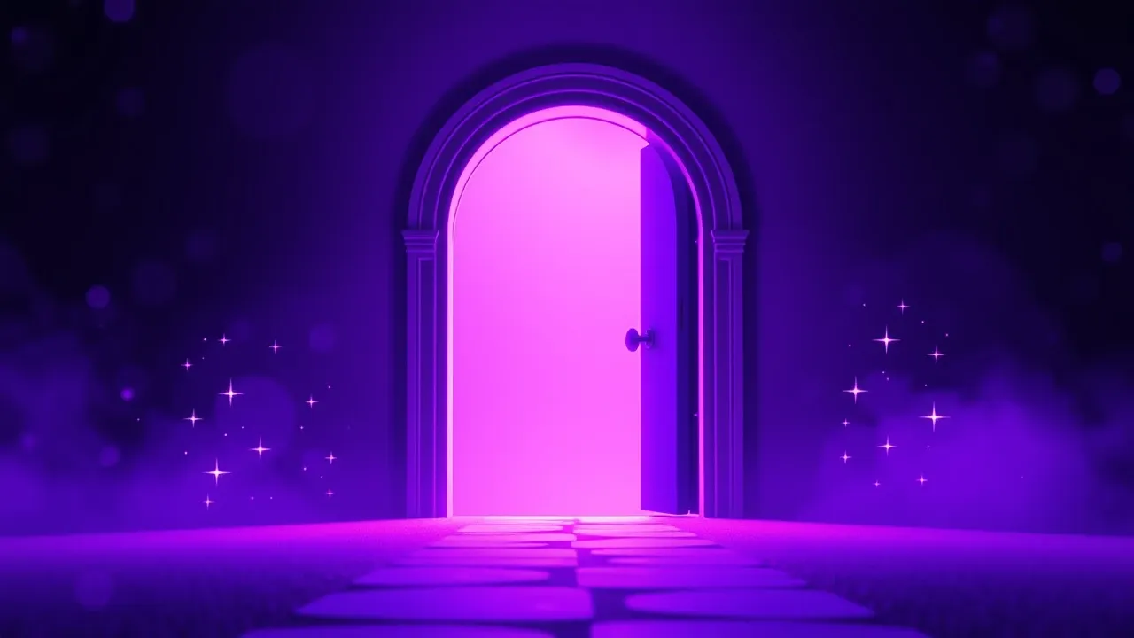 Um personagem Pixar entrando numa porta iluminada representando o início de uma jornada digital em tons violeta e roxo