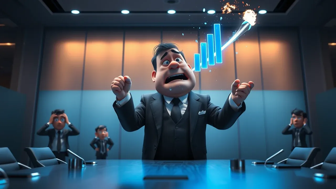 Executivo corporativo apontando para gráfico gigante de custos crescendo como foguete