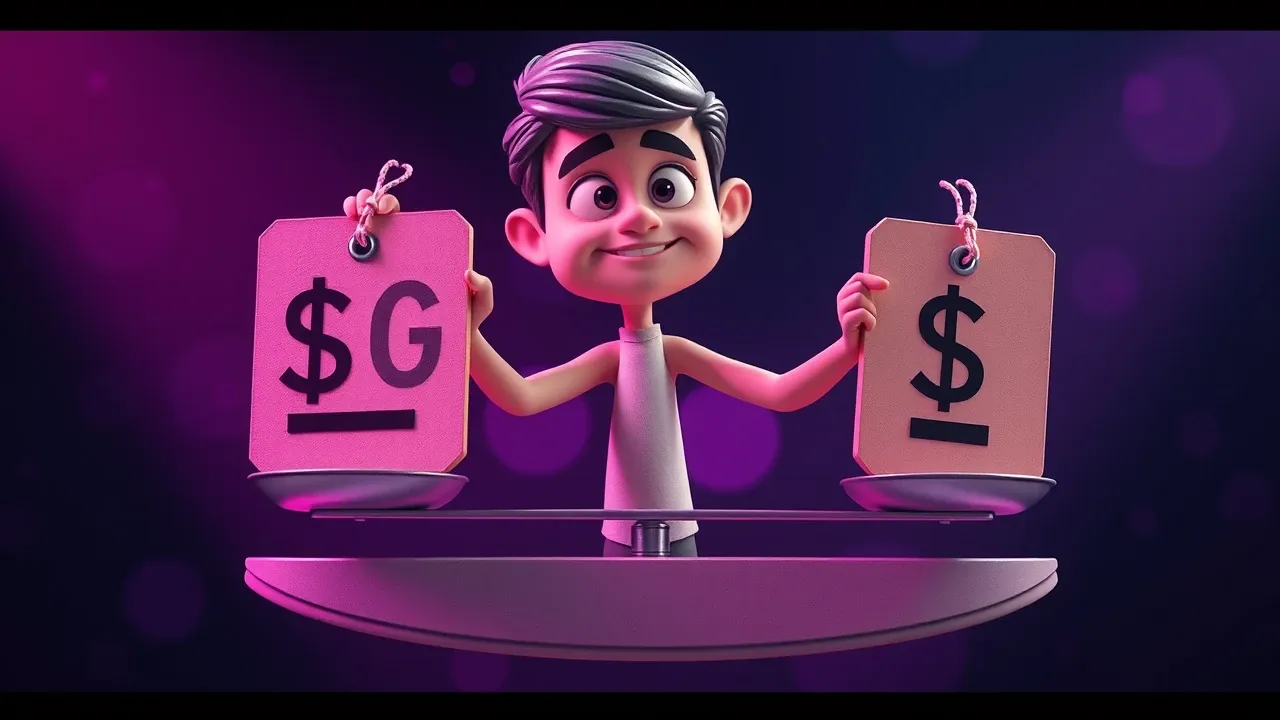 Personagem Pixar 3D comparando preços em balança, Cursor vs VS Code Copilot, paleta sage emerald