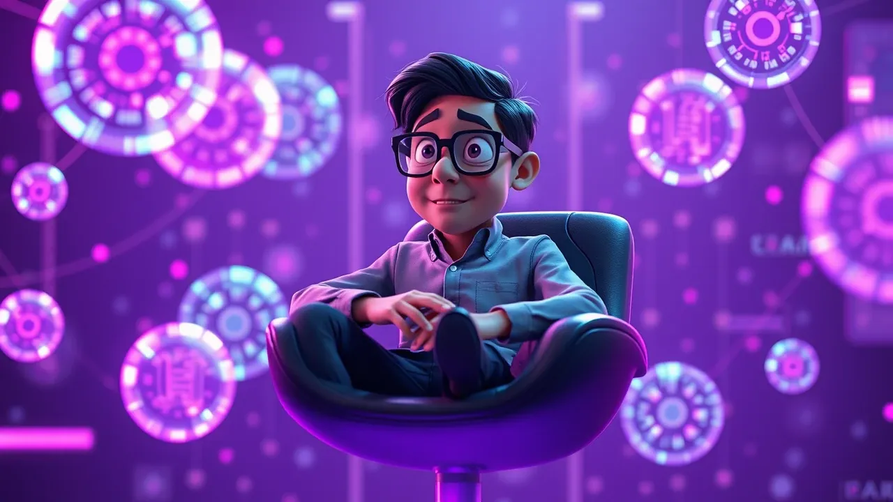 Um analista Pixar de óculos olhando para holograma de dados de produto com gráficos flutuando em tons violeta