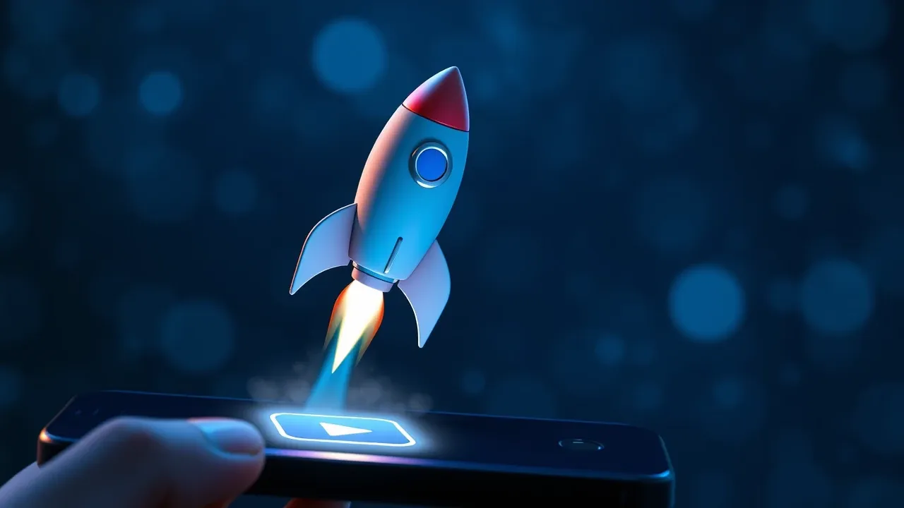 Um personagem Pixar enviando um foguete app para o espaço representando a publicação nas lojas em tons azul elétrico