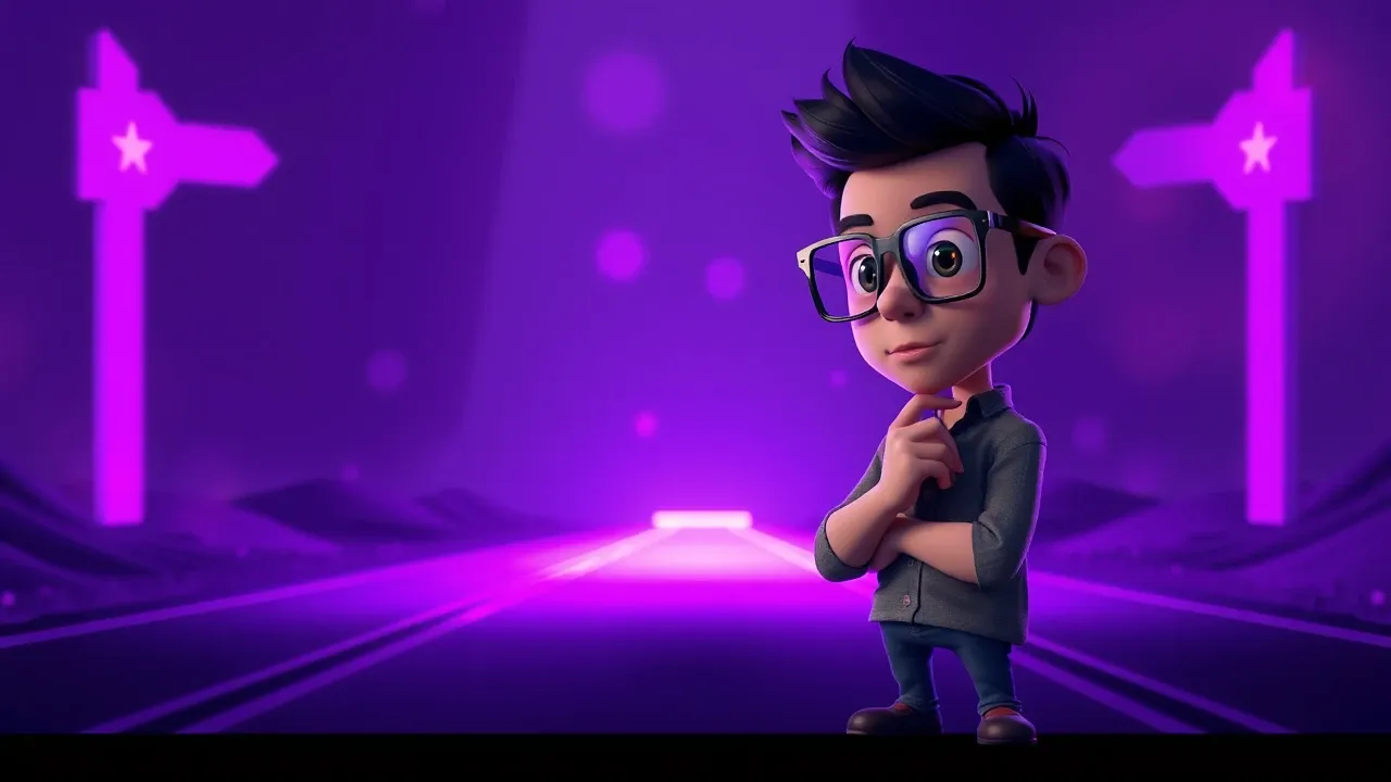 Personagem Pixar 3D em bifurcação escolhendo Cursor vs VS Code, paleta sage emerald dramatizada