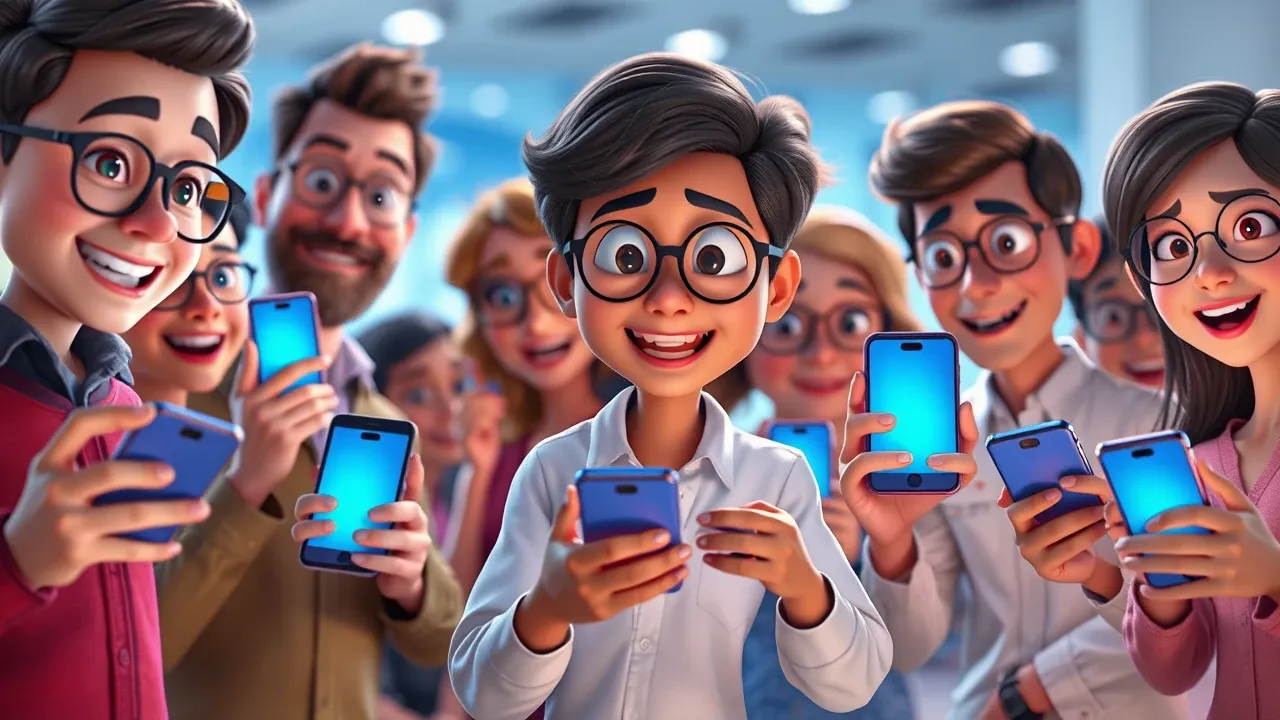 Um grupo diverso de personagens Pixar de diferentes profissões segurando smartphones com apps em azul elétrico num ambiente criativo