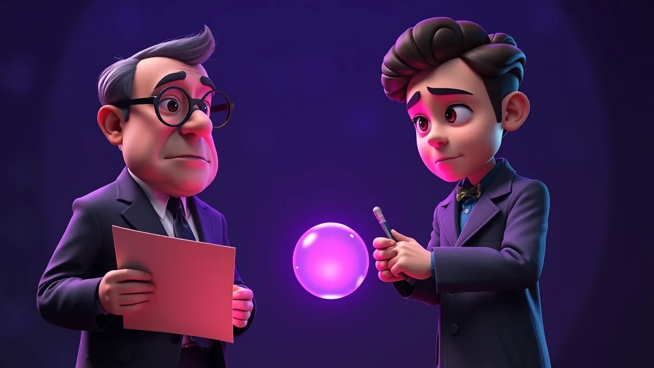 Ilustração Pixar 3D de dois personagens em confronto teatral, um burocrático com documento na mão e outro cientista assinando relutantemente, com um emblema violeta de IA se apagando entre eles