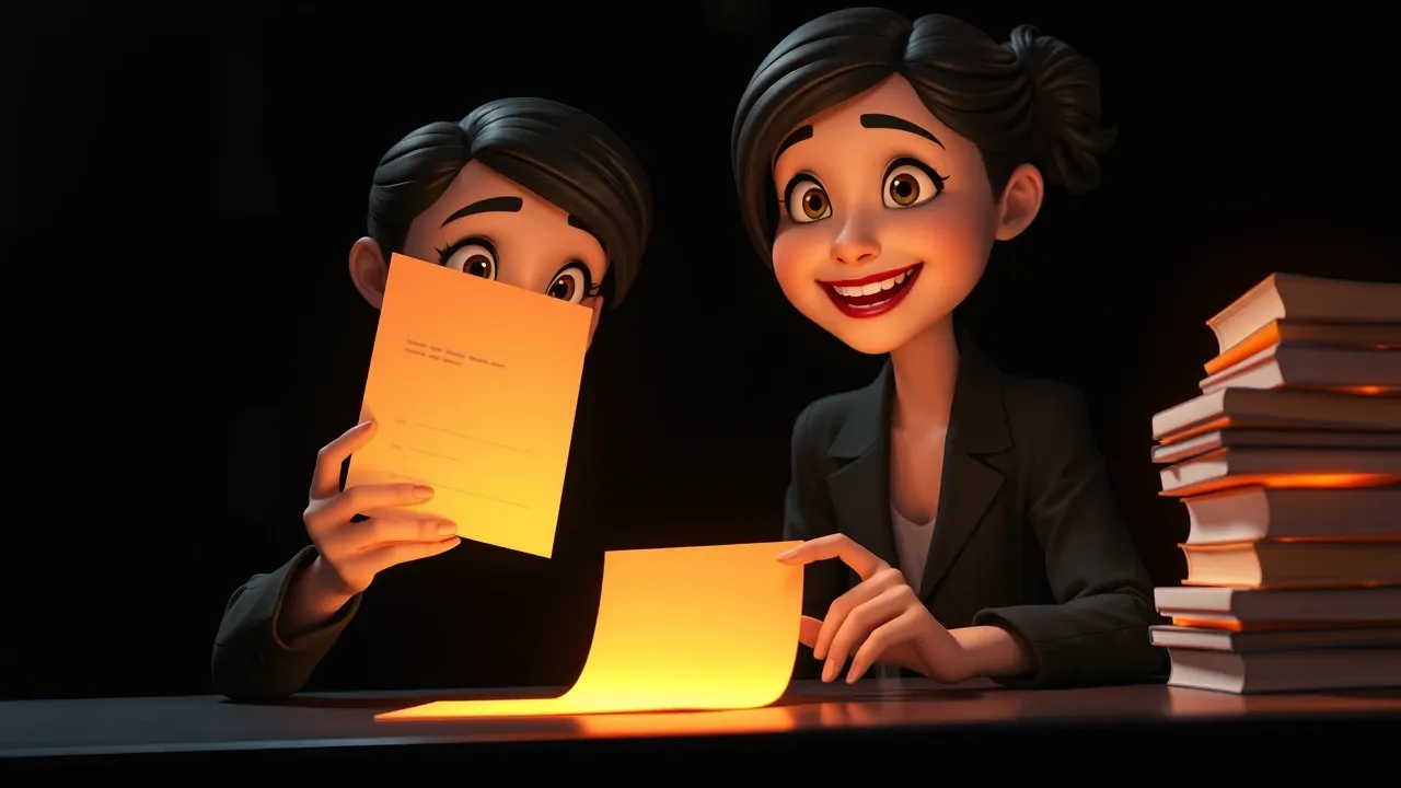 Personagem cartoon Pixar revisando documento com tasks emergindo da tela como cards brilhantes, iluminação dramática charcoal laranja