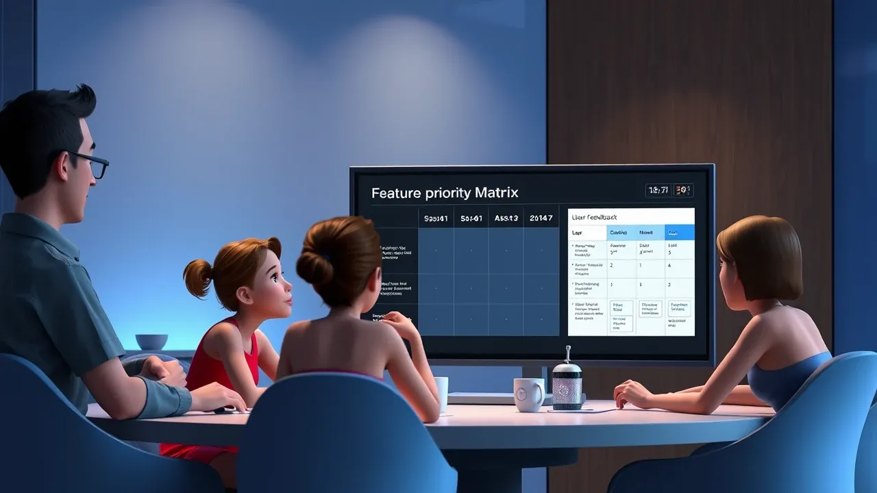 Equipe de produto analisando dados de uso e feedback de clientes com inteligência artificial para priorizar desenvolvimento de features