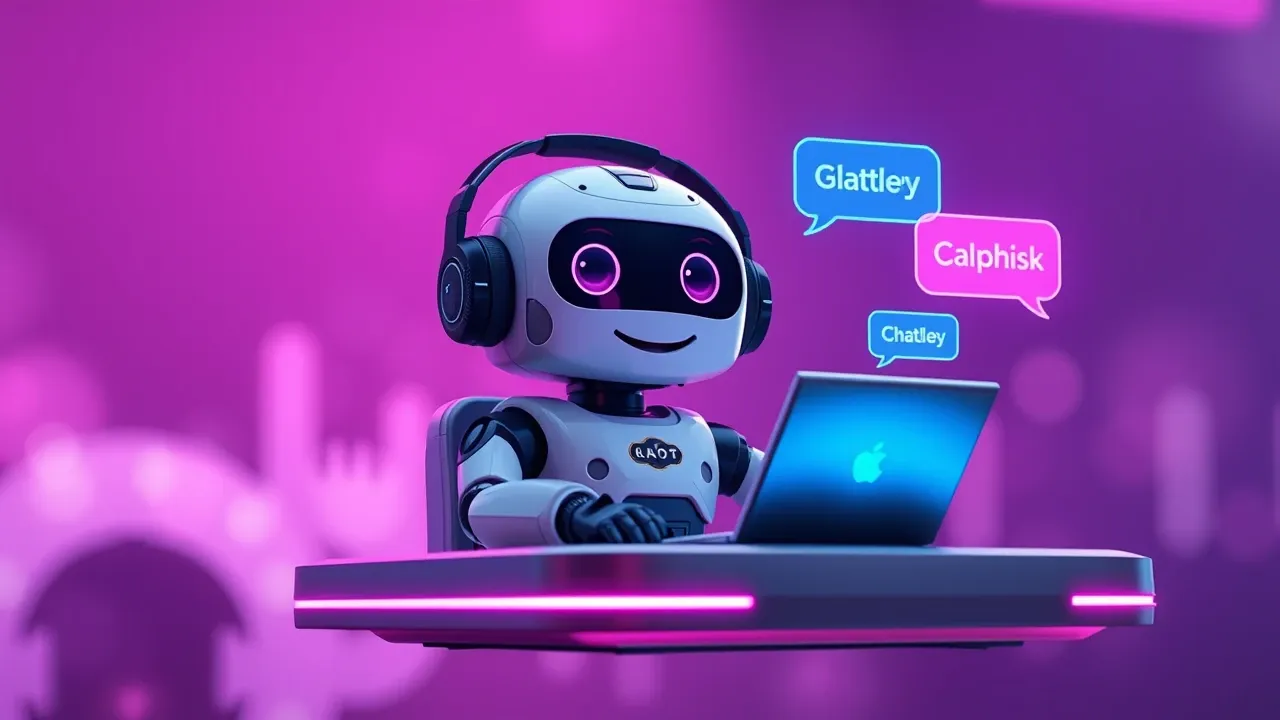 Um robô Pixar amigável com fones de ouvido atendendo clientes por chat com expressão animada em tons violeta