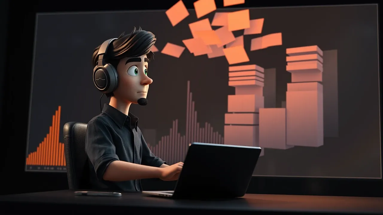Personagem cartoon Pixar usando headset em frente a tela com ondas de áudio sendo transcritas, paleta charcoal laranja