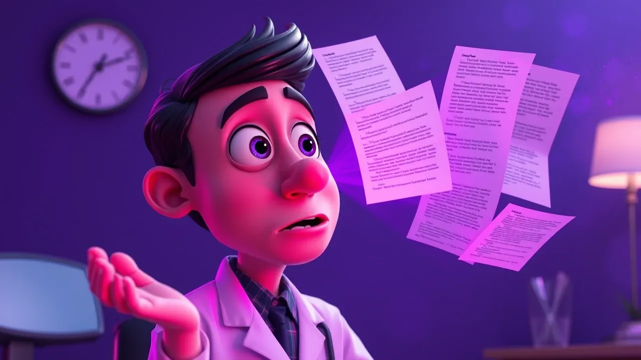 Médico Pixar 3D revisando prontuário em tela digital enquanto IA processa transcrição de consulta em violeta, expressão aliviada e eficiente