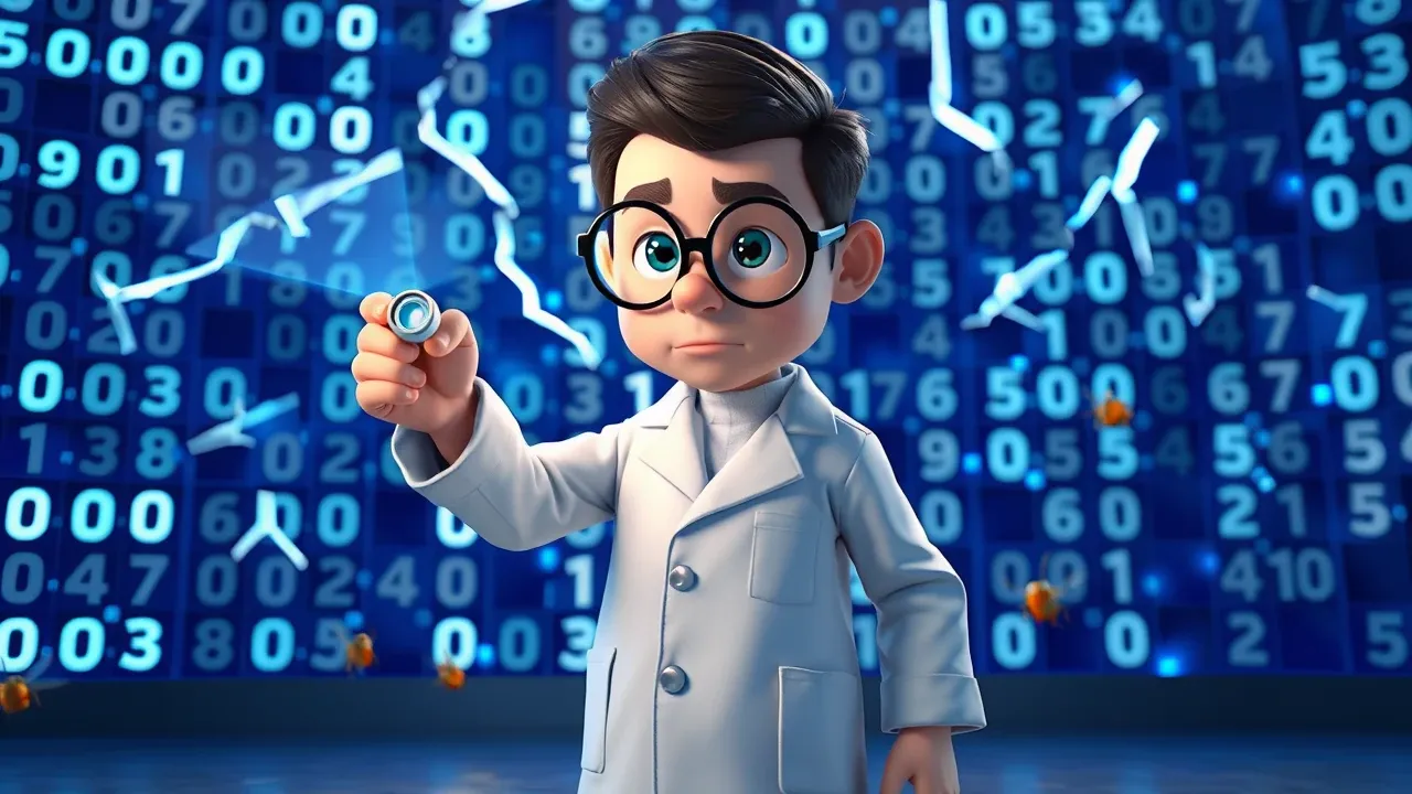 Pesquisador de segurança Pixar 3D descobrindo rachaduras numa parede de código com bugs escorrendo, luz azul elétrico dramática