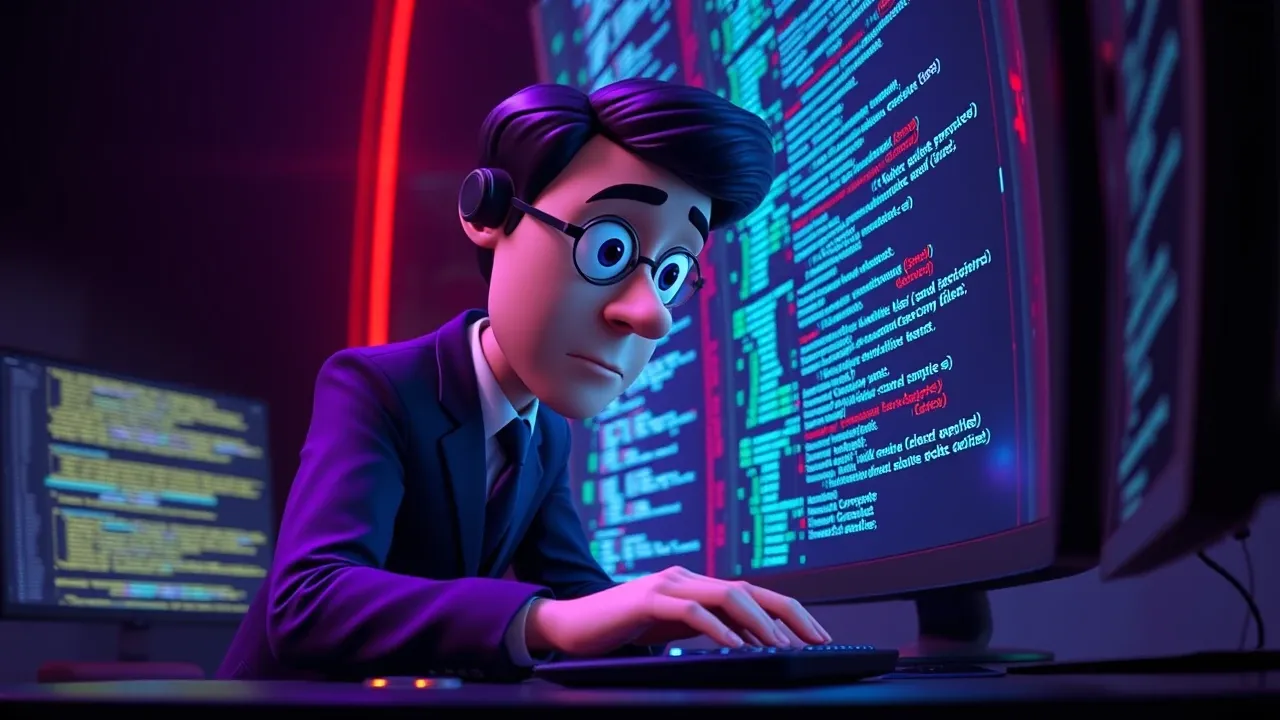Analista de segurança cartoon estilo Pixar 3D examinando linhas de código em tela gigante, expressão de alerta, iluminação violeta com tons de perigo vermelho ao fundo