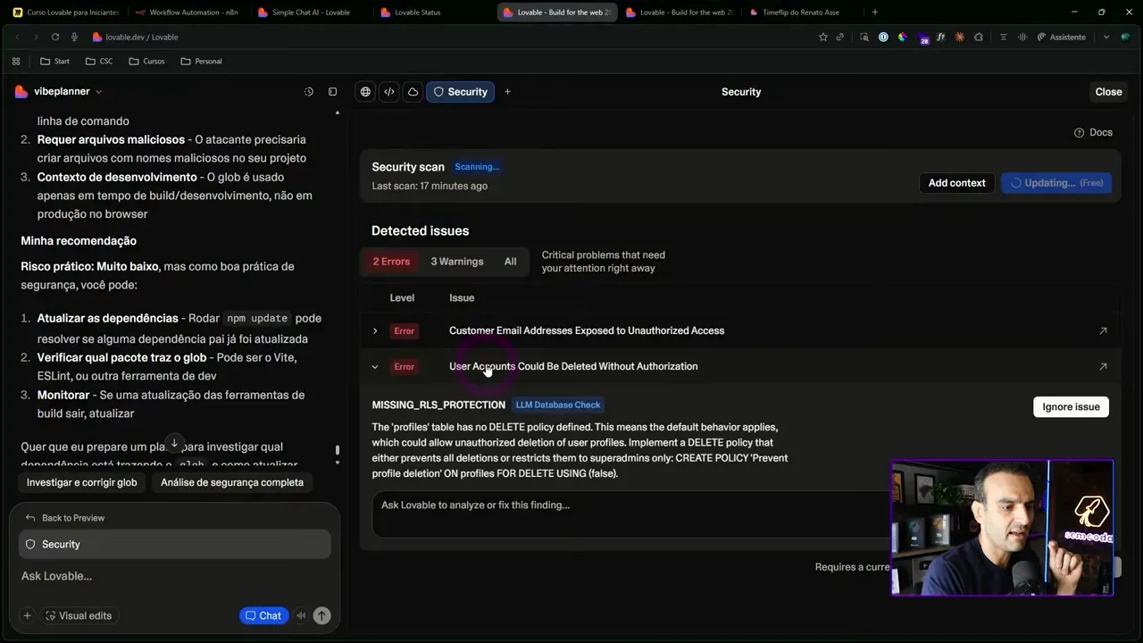 Painel de detecção de erros de RLS no Lovable