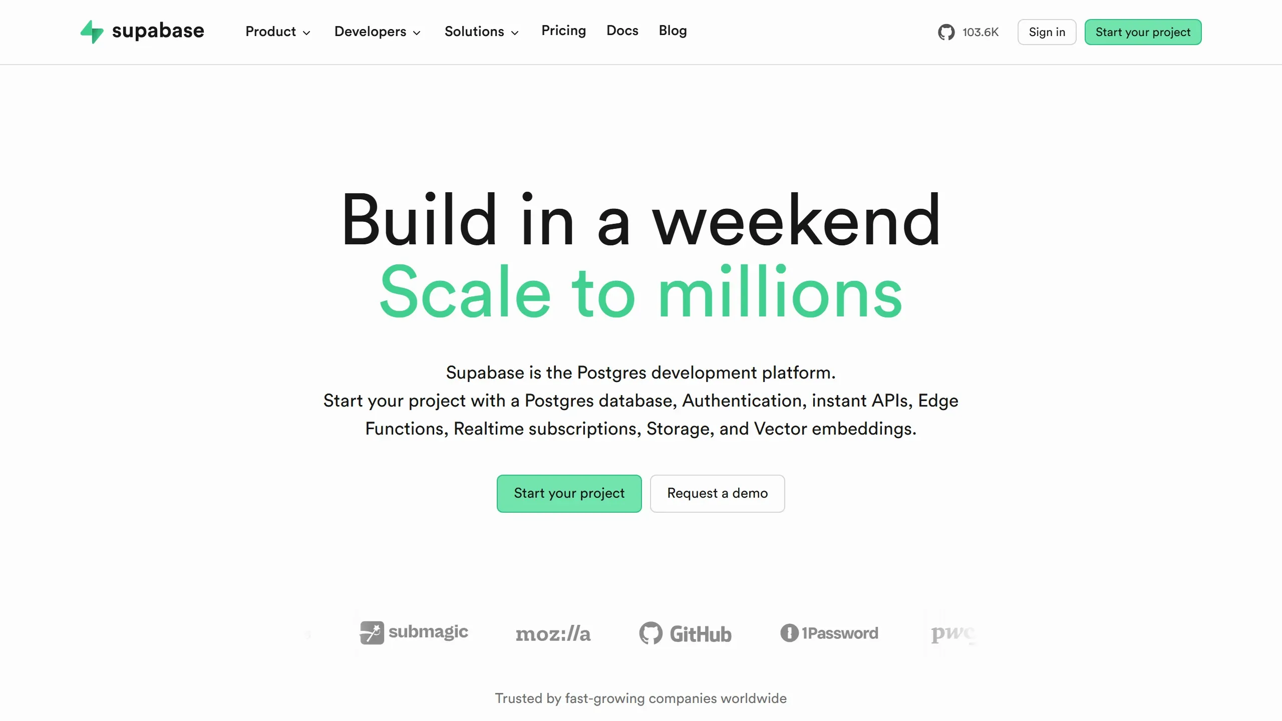 Home do Supabase mostrando a proposta de backend open source como alternativa ao Firebase