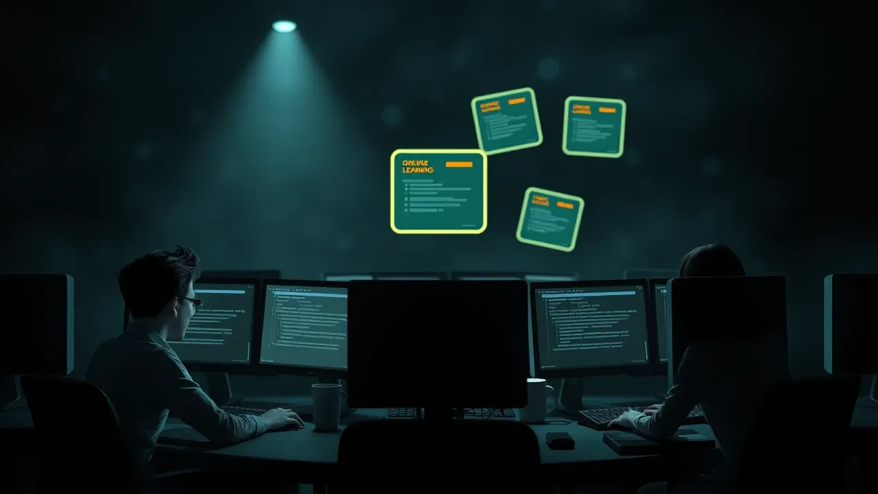 Colaboradores acessando plataforma de cursos online em computadores modernos