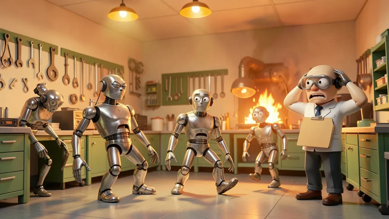Laboratório de robôs de IA confusos girando em círculos enquanto cientista observa com prancheta, estilo Pixar 3D dramático, tons laranja e dourado