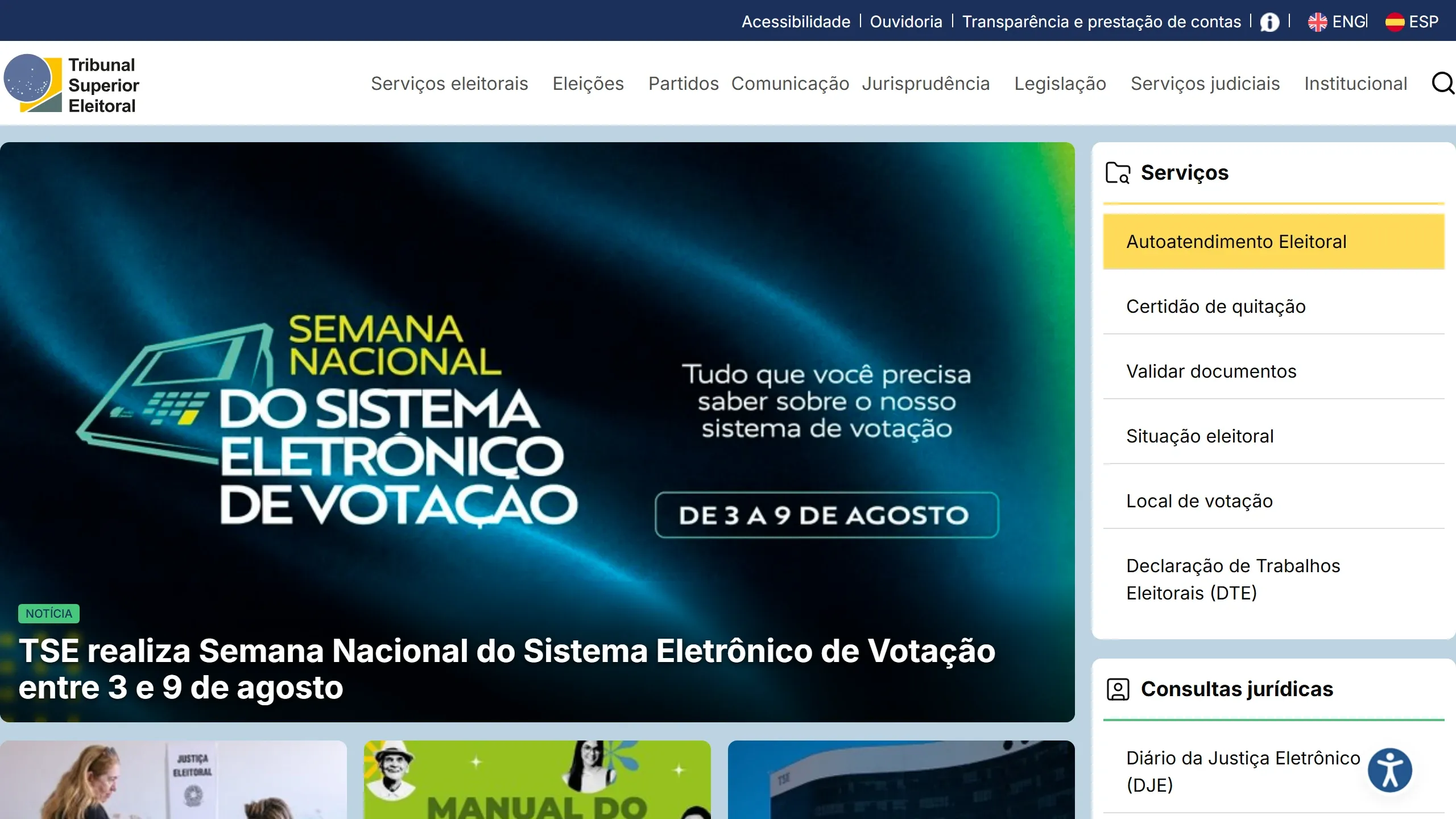 Página inicial do portal do Tribunal Superior Eleitoral no navegador