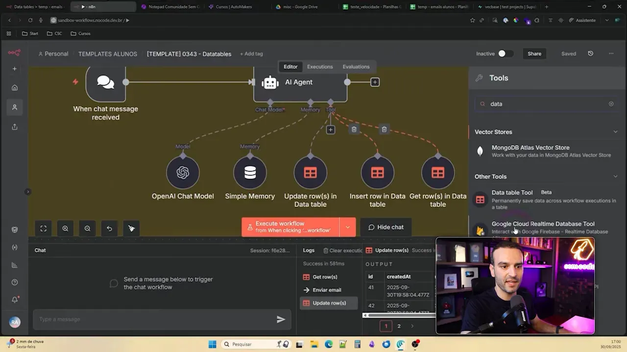 Painel de Tools do n8n exibindo Data table Tool (Beta) para AI Agent