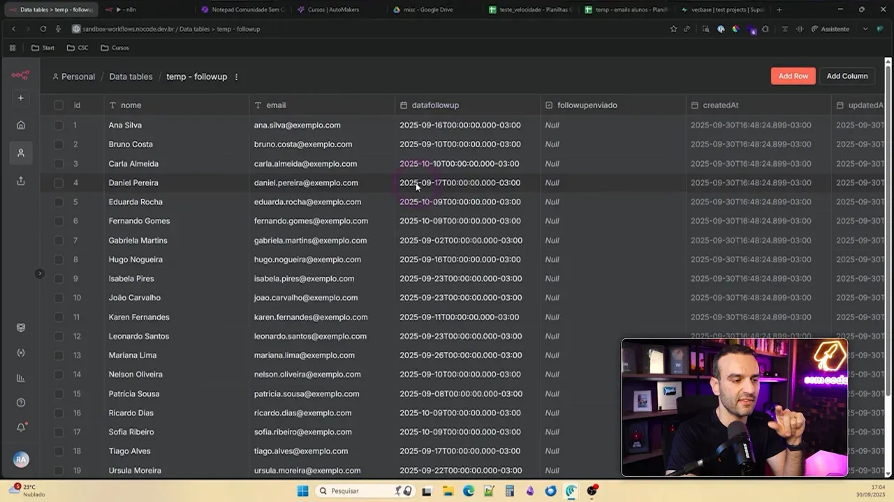 DataTable do N8N para follow-up com status followUpEnviado ainda vazio