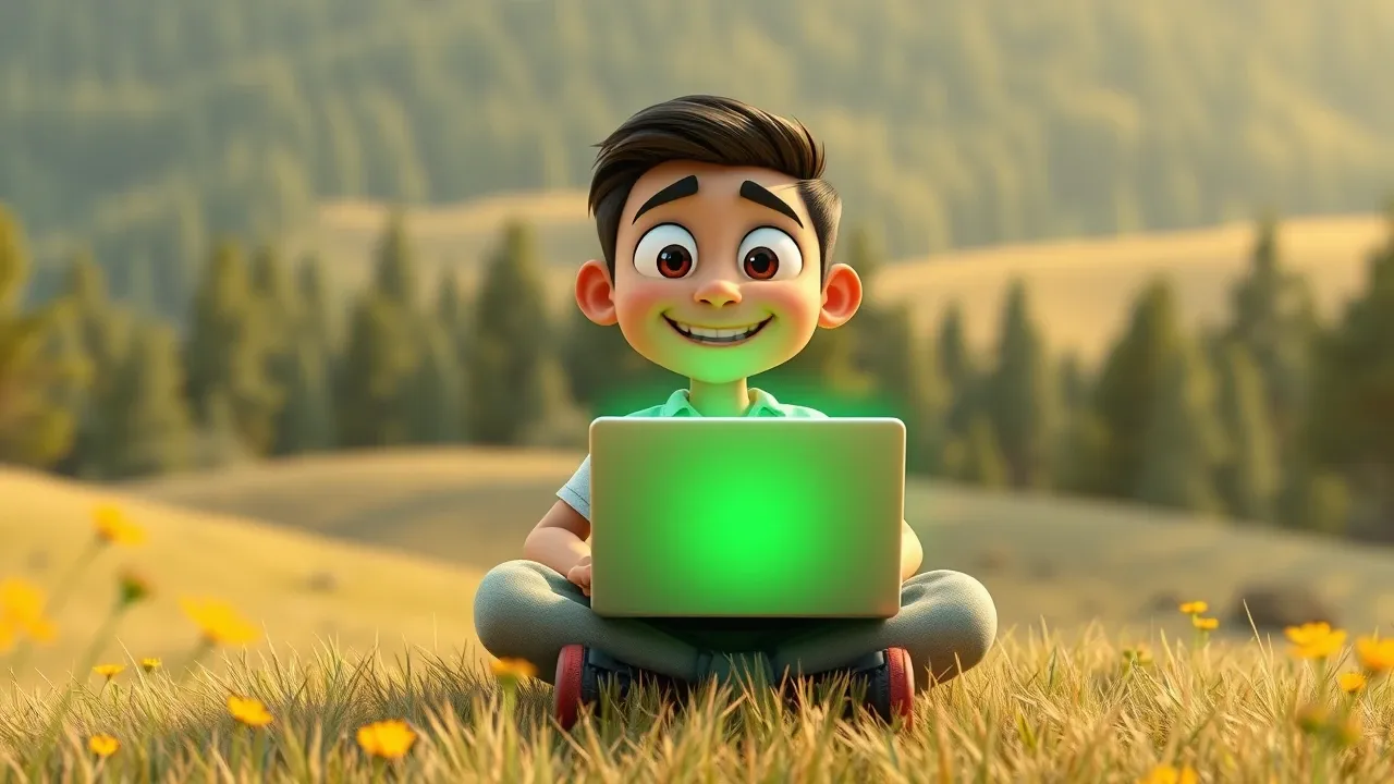 Personagem Pixar com laptop no campo aberto, árvores ao fundo, processando imagem grátis com luz verde suave