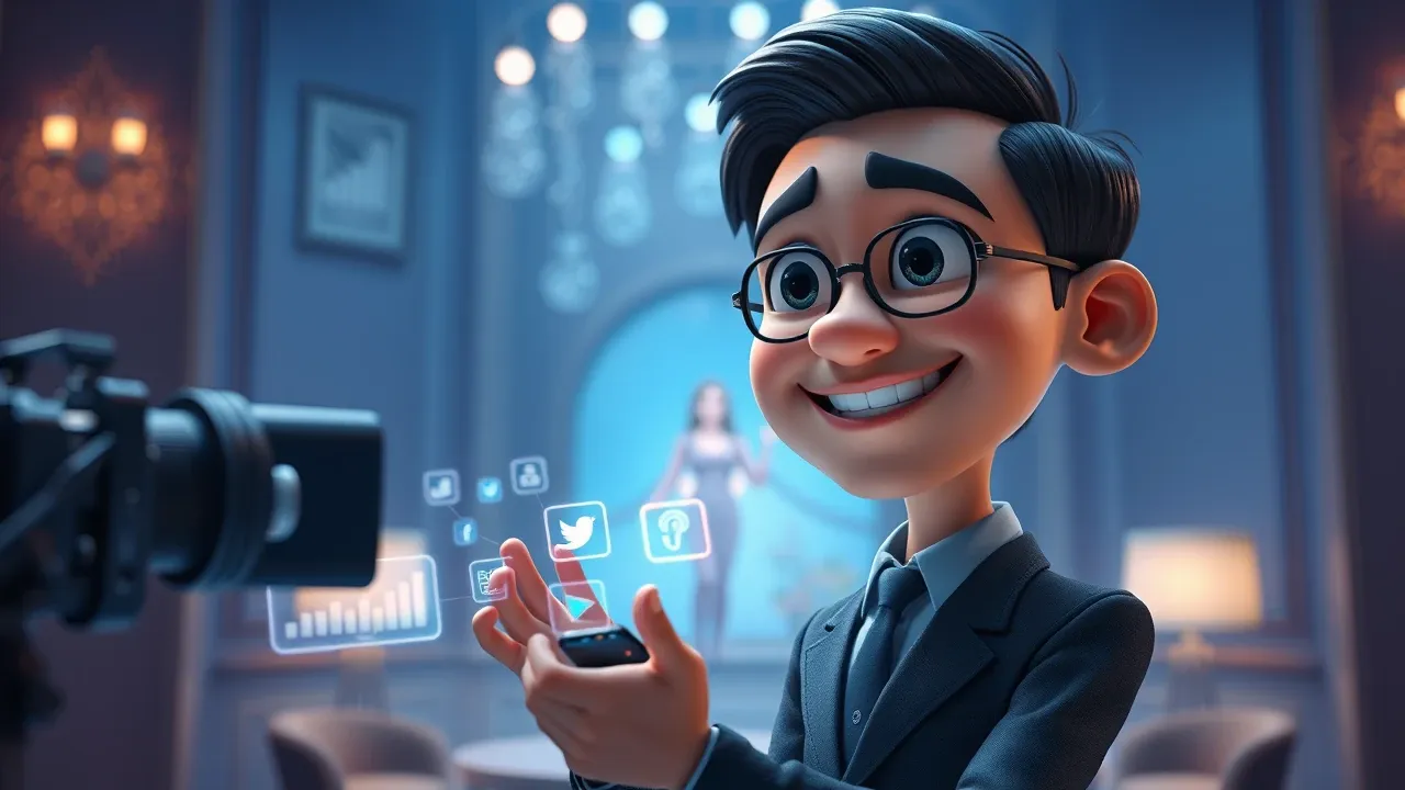 Personagem 3D Pixar tomando decisão diante de dois caminhos iluminados em azul dramático, com sinais de escolha
