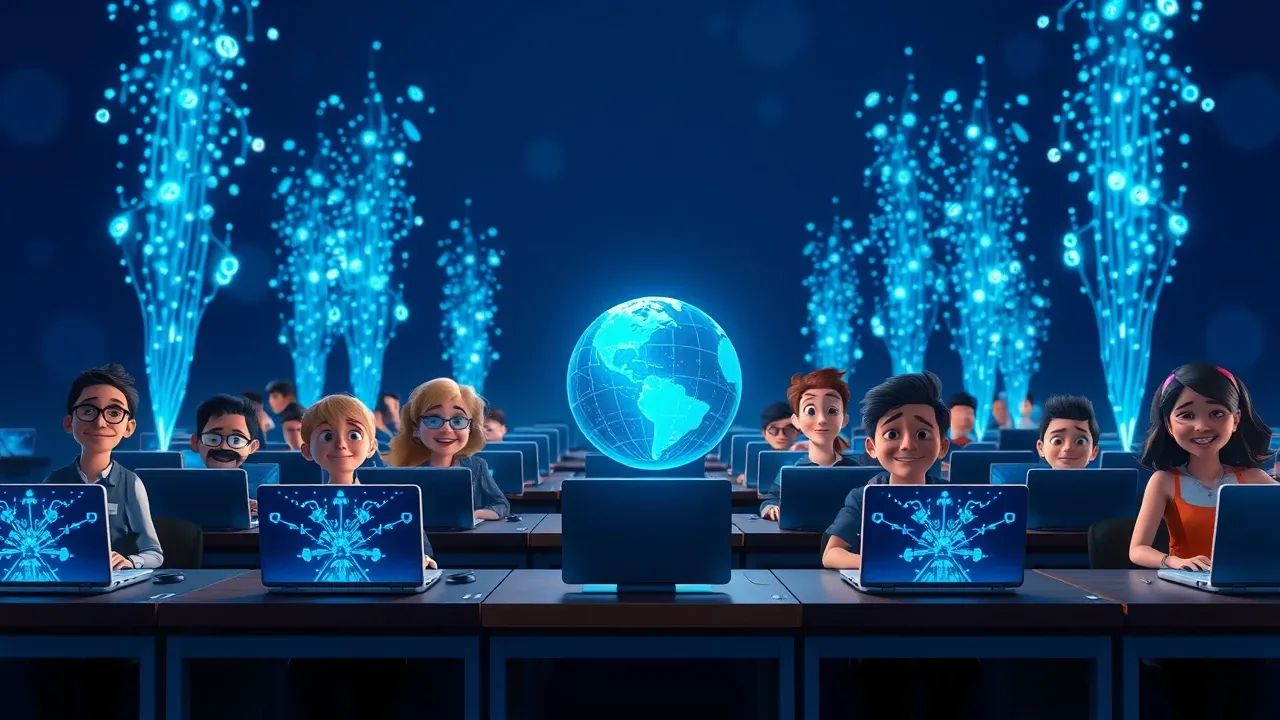 Ilustração Pixar 3D de uma multidão diversa de pessoas criando aplicativos em seus laptops, com telas brilhantes em azul elétrico iluminando seus rostos