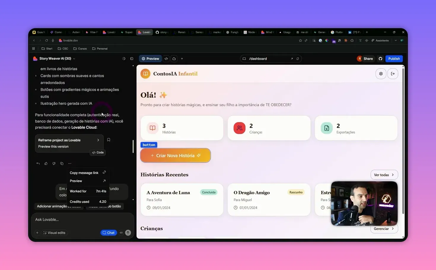 Popup no Lovable indicando créditos usados
