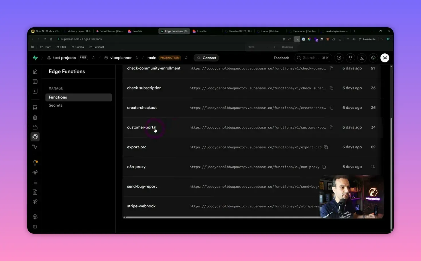 Lista de Edge Functions no Supabase