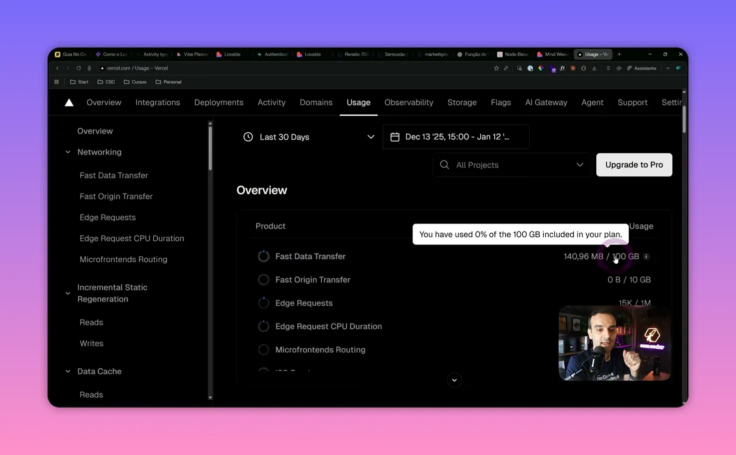 Indicador de uso do plano Vercel