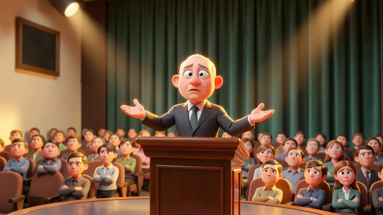 CEO em postura envergonhada no palco de reunião corporativa enquanto audiência de funcionários olha confusa, estilo Pixar 3D, tons dourados e âmbar